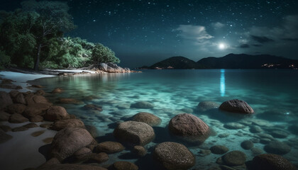 Fototapeta na wymiar Tranquil seascape at dusk, reflecting milky way on waters edge generated by AI