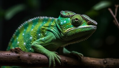 Obraz premium Green gecko perching on branch in forest generated by AI