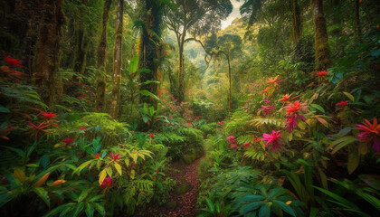 Vibrant foliage on tranquil forest footpath adventure generated by AI