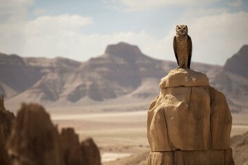 Fototapeta na wymiar An owl perched on a sandstone column amidst a barren landscape. Generative AI
