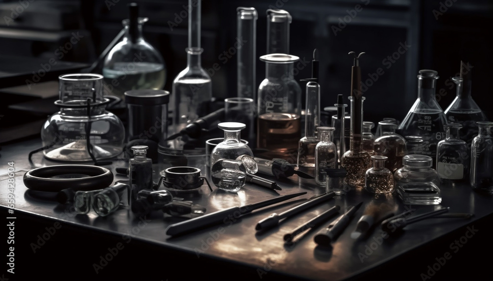 Poster transparent flask holds liquid for scientific experiment generated by ai