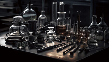 Transparent flask holds liquid for scientific experiment generated by AI