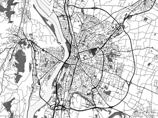 Greyscale vector city map of  Valence in France with with water, fields and parks, and roads on a white background. - obrazy, fototapety, plakaty