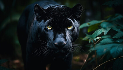 Naklejka na ściany i meble Black feline staring, beauty in nature portrait generated by AI