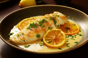 Delicious fish fillet enhanced with citrusy lemon and rich butter. Generative AI