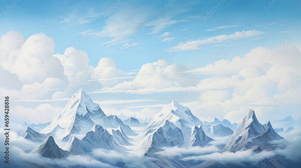 Poster a painting of a mountain range with clouds in the sky. generative ai