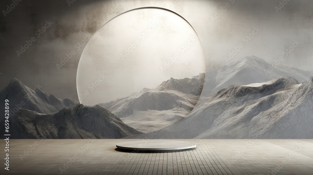 Poster a round object sitting on top of a wooden floor in front of mountains. generative ai