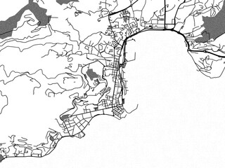 Greyscale vector city map of  Ajaccio in France with with water, fields and parks, and roads on a white background.