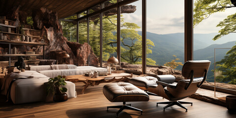 Interior Design, Minimalistic Living room with serene nature view, Beautiful villa design in the forest
