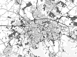 Greyscale vector city map of  Vannes in France with with water, fields and parks, and roads on a white background.