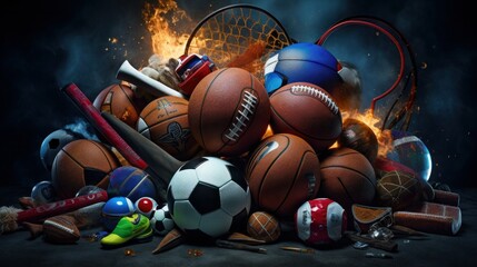 A set of different sport equipment and balls - obrazy, fototapety, plakaty
