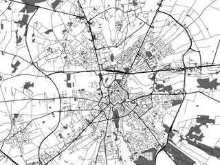 Greyscale vector city map of  Bourges in France with with water, fields and parks, and roads on a white background.