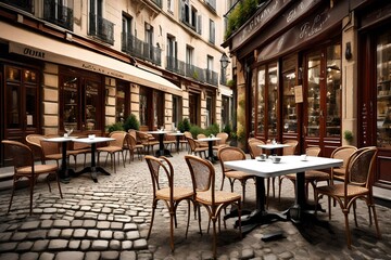 Generate an image of a classic French cafe with bistro chairs and a small table on a cobblestone street  - obrazy, fototapety, plakaty