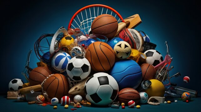 A set of different sport equipment and balls