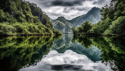 Majestic mountain range reflects in tranquil pond, an idyllic scene generated by AI