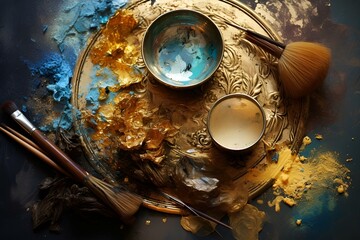 Obraz premium Different Painting colours in a plate and also Painting brushes 3d rendering AI Generative 