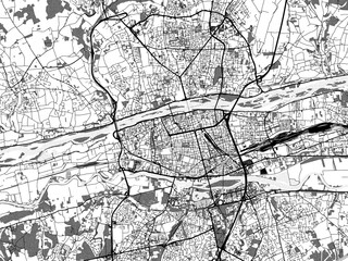 Greyscale vector city map of  Tours in France with with water, fields and parks, and roads on a white background.