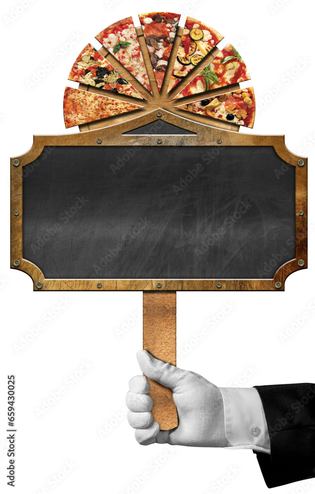 Poster hand of a chef or waiter with white glove holding a template for a pizza menu. sign with slices of p