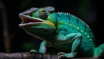 Fototapeta premium Horned chameleon on green branch, looking at camera generated by AI