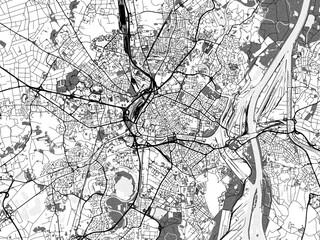 Obraz premium Greyscale vector city map of Strasbourg in France with with water, fields and parks, and roads on a white background.