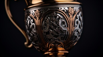 A close-up of a trophy's details, such as its intricate engravings and polished surface,...