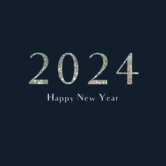 Elegant greeting banner template in minimalist style. Bright shiny silver text 2024 and Happy New Year on a plain dark background.
