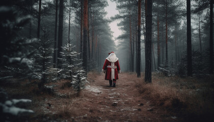 Fototapeta premium One person walking in spooky forest, mystery and solitude generated by AI
