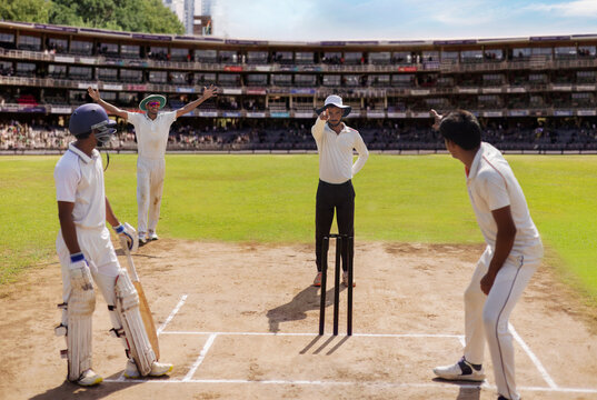 A bowler and the team appeals to umpire for out and the umpire gives out decision during a cricket match