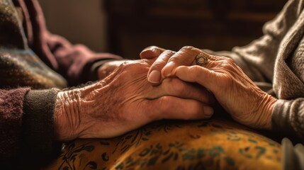hands of elderly couple holding each other with love