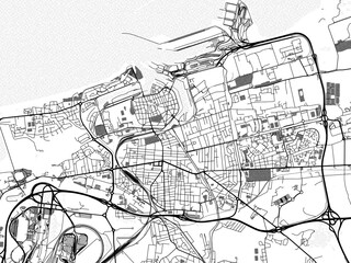 Greyscale vector city map of  Calais in France with with water, fields and parks, and roads on a white background.