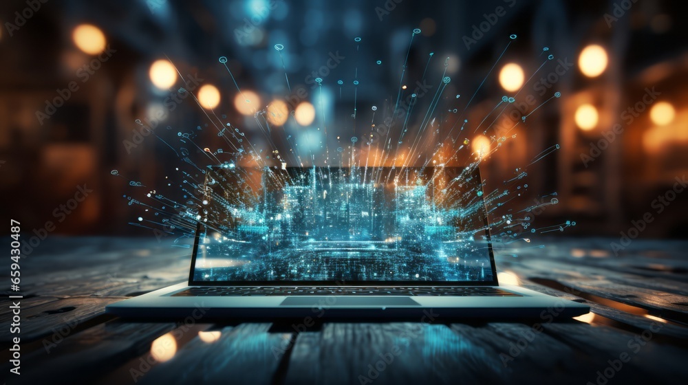 Aufkleber laptop or computer with abstract technology and networking background