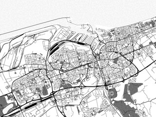 Greyscale vector city map of  Dunkirk in France with with water, fields and parks, and roads on a white background.