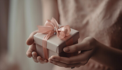 Hand holding gift box wrapped in decoration for celebration event generated by AI
