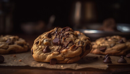 Obraz premium Homemade chocolate chip cookies on rustic wooden table, ready to eat indulgence generated by AI