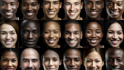 Obraz premium Group of cheerful, smiling young adults with varying facial expressions generated by AI