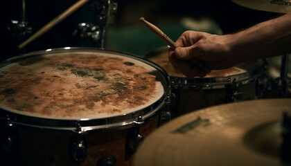 Fototapeta na wymiar The skilled drummer hand hits the cymbal, creating musical noise generated by AI