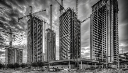 Tall skyscraper under construction in modern city, using construction machinery generated by AI