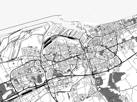 Greyscale vector city map of  Dunkirk in France with with water, fields and parks, and roads on a white background.