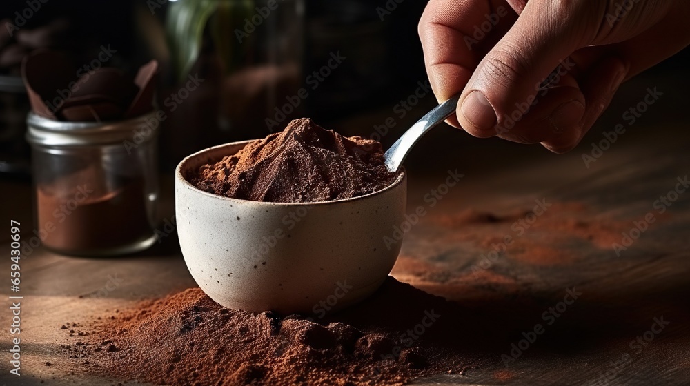 Poster a person scooping cocoa into a bowl with a spoon. generative ai