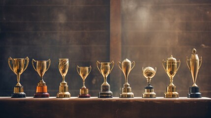 A row of trophies of varying sizes and designs