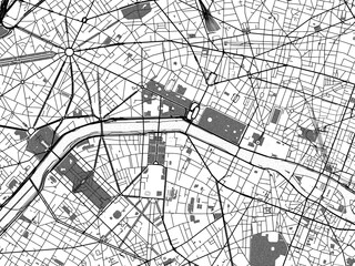 Greyscale vector city map of  Paris Centre in France with with water, fields and parks, and roads on a white background.