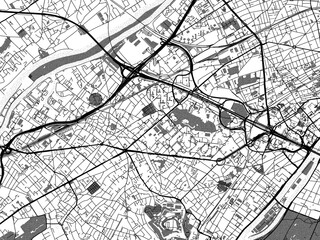 Greyscale vector city map of  Nanterre in France with with water, fields and parks, and roads on a white background.