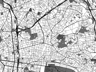 Greyscale vector city map of  Montreuil in France with with water, fields and parks, and roads on a white background.
