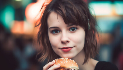 Cute young women enjoying a cheeseburger meal with happiness generated by AI