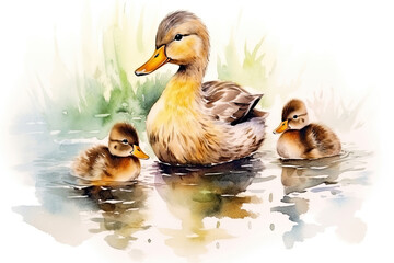 Watercolor Duck Family on White