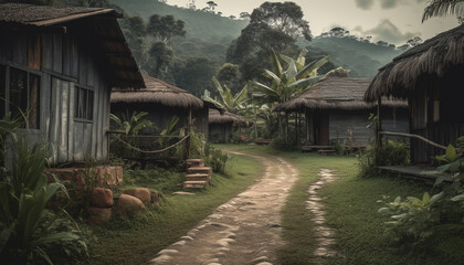 Rustic hut in tranquil meadow surrounded by lush tropical forest generated by AI