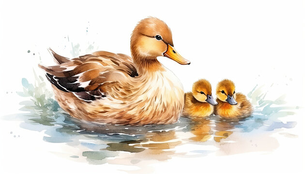 Watercolor Duck Family on White