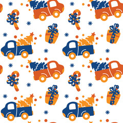 Obraz na płótnie Canvas Pickup truck with Christmas tree. Childish Christmas print. Seamless pattern. Vector.