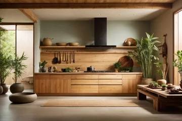Fotobehang Serene Zen-Inspired Interior Design Kitchen with Natural Bamboo and Wood Elements, AI Generated © Krittikarn