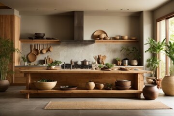 Fototapeta na wymiar Serene Zen-Inspired Interior Design Kitchen with Natural Bamboo and Wood Elements, AI Generated